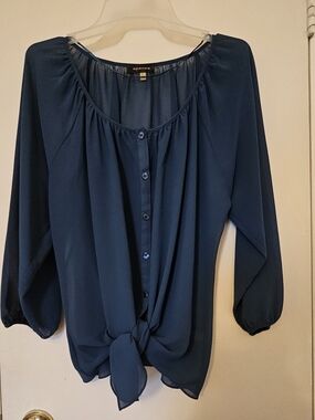 Spense Women's Deep Teal Button-Front Tie-Hem Blouse